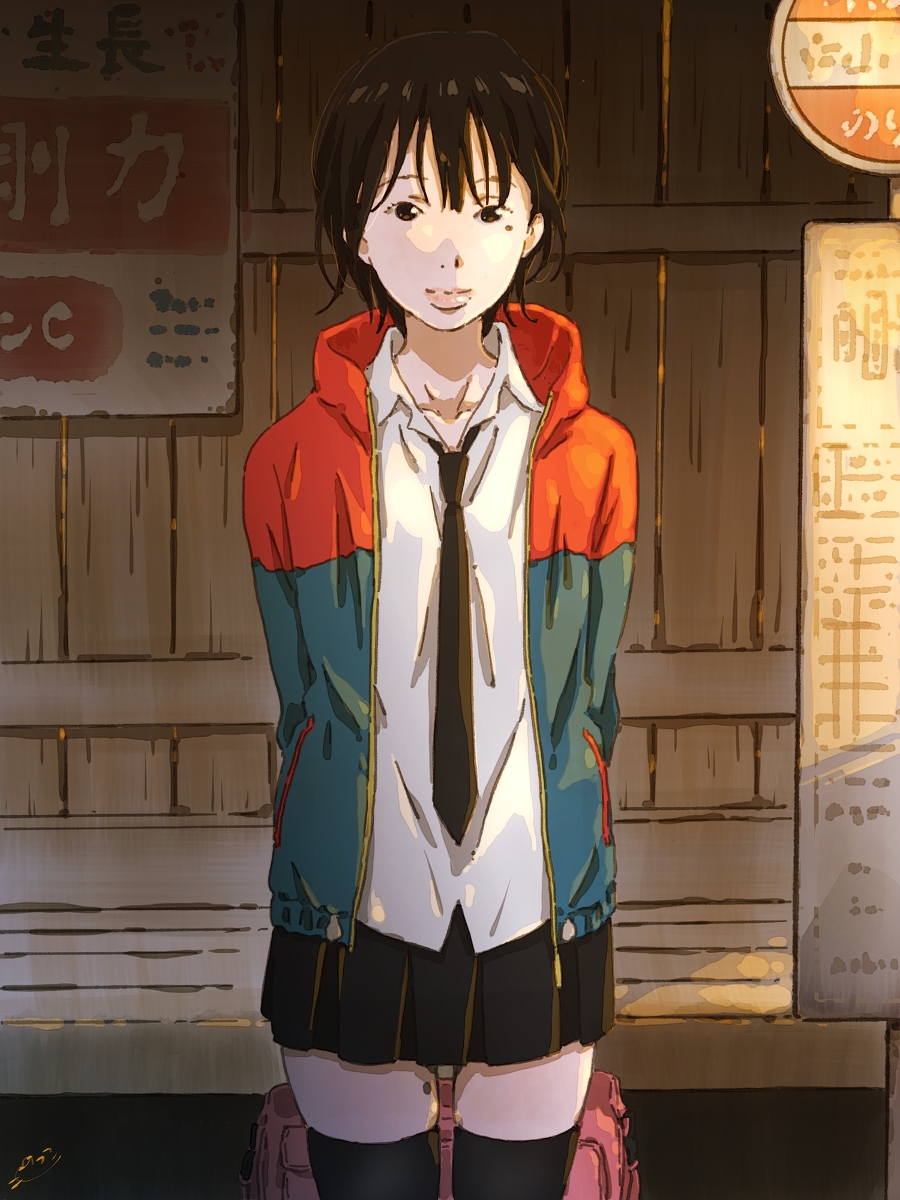 This is a pixiv picture whose title is 夕暮れのバス停と絶対領域.
