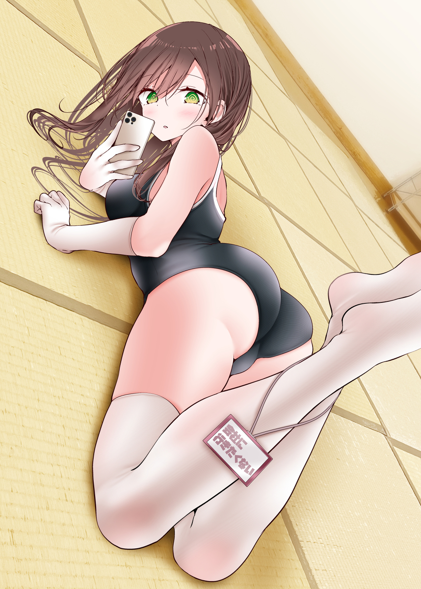 This is a pixiv picture whose title is スク水を着て自撮りしているOLちゃん.