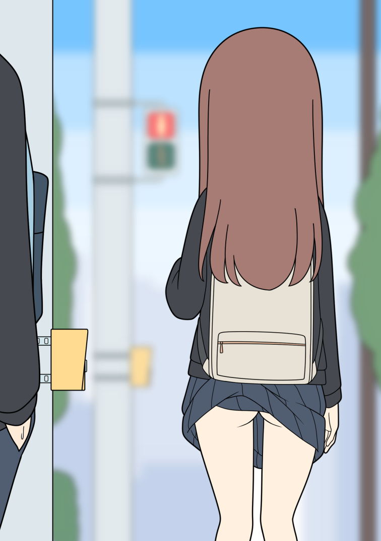 This is a pixiv picture whose title is スカートが捲れている上にパンツを穿き忘れている信号待ち中のJK.