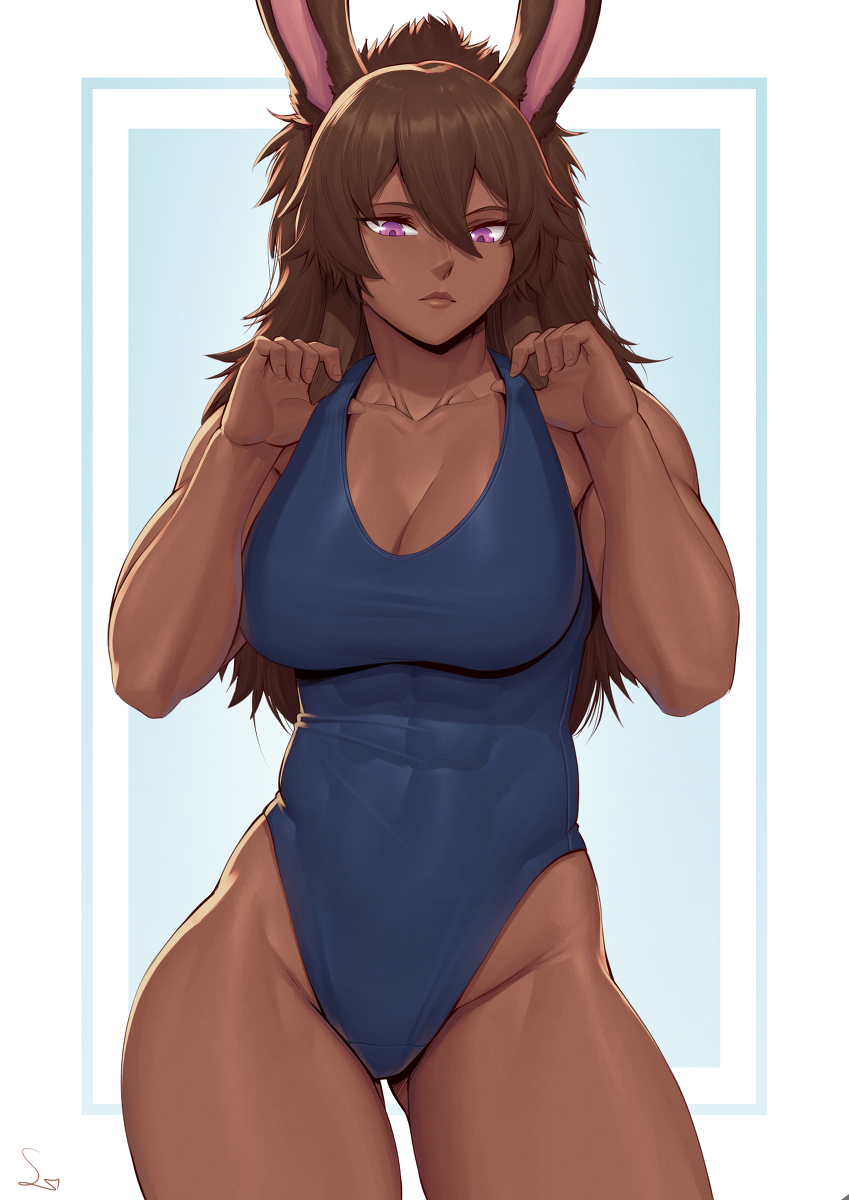 This is a pixiv picture whose title is Muscular bunnygirl in swimsuit.