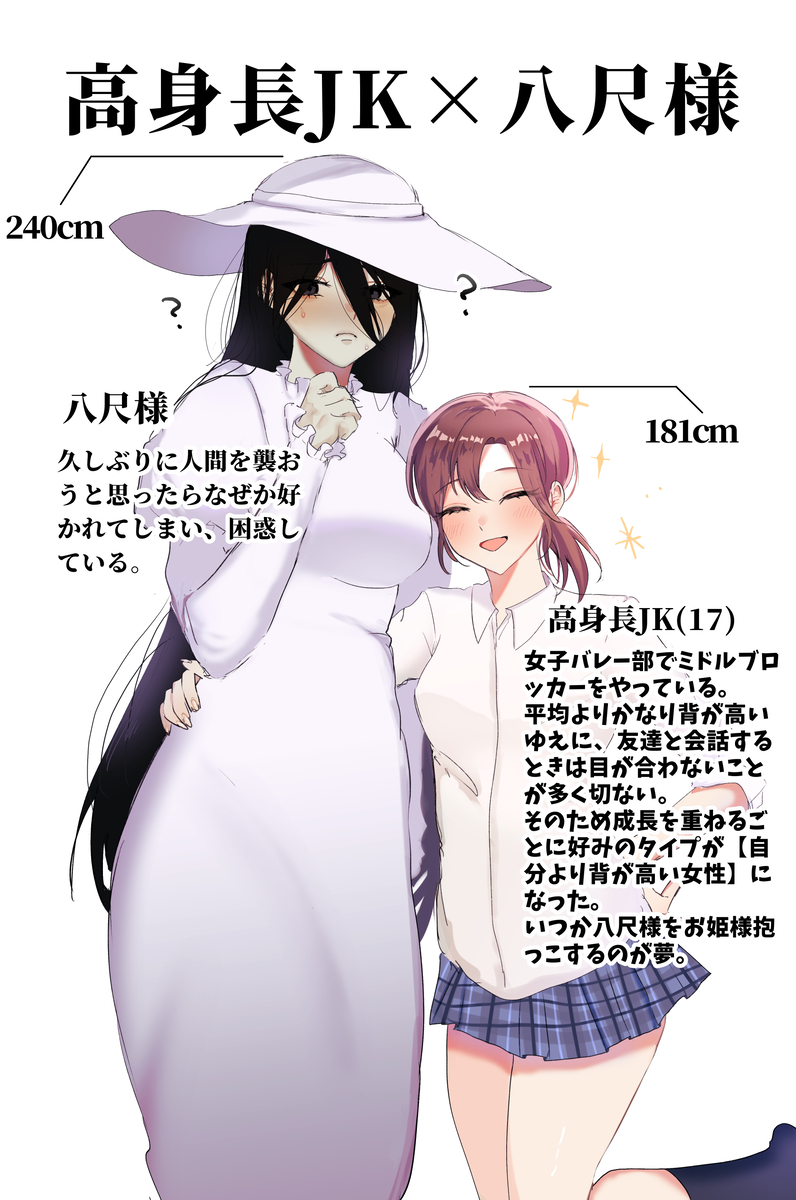 This is a pixiv picture whose title is 高身長JK×八尺様の設定.