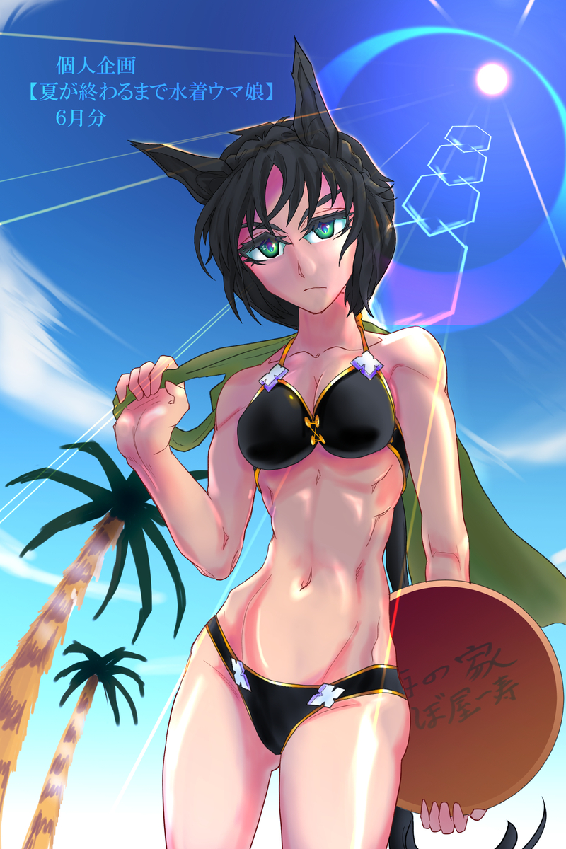 This is a pixiv picture whose title is 個人企画　夏が終わるまで水着ウマ娘.