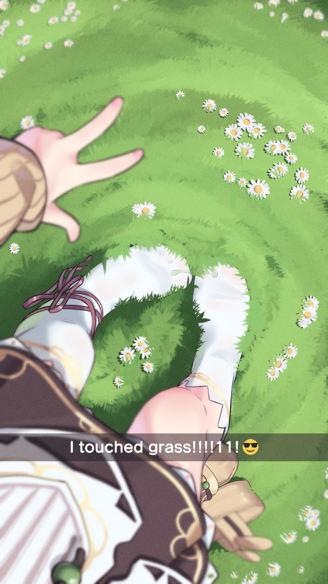 This is a pixiv picture whose title is touching grass.