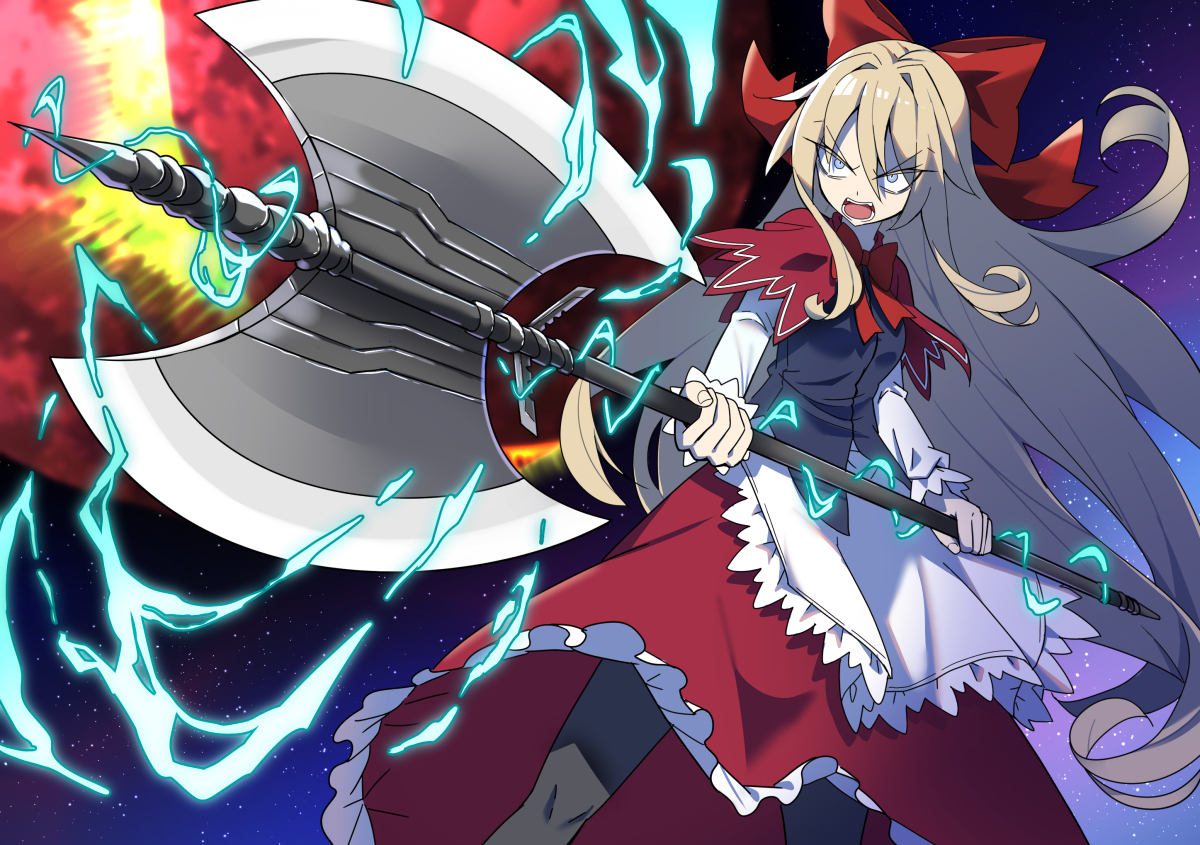 This is a pixiv picture whose title is 蓬莱人形『ゲッタァァァ！トマホォォォク！！』.