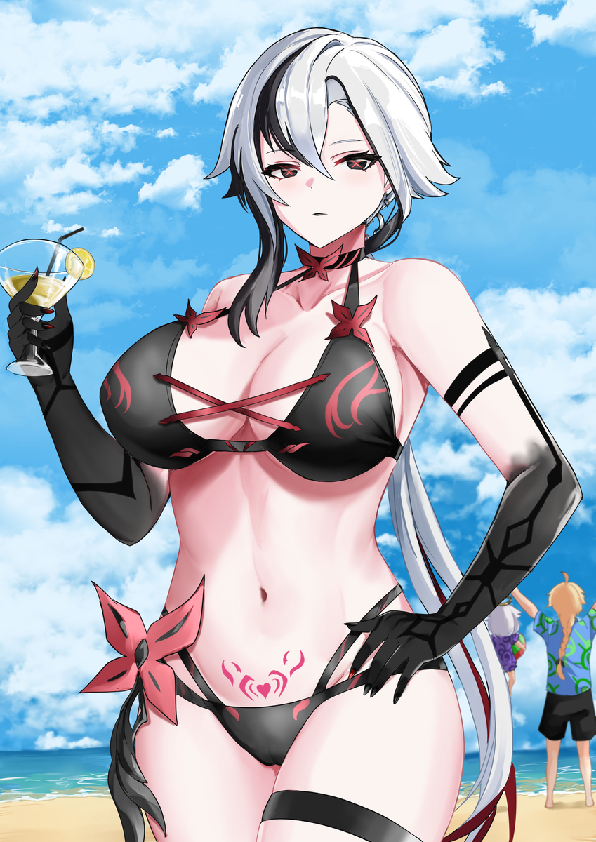 This is a pixiv picture whose title is Arlecchino (Swimsuit Edition).