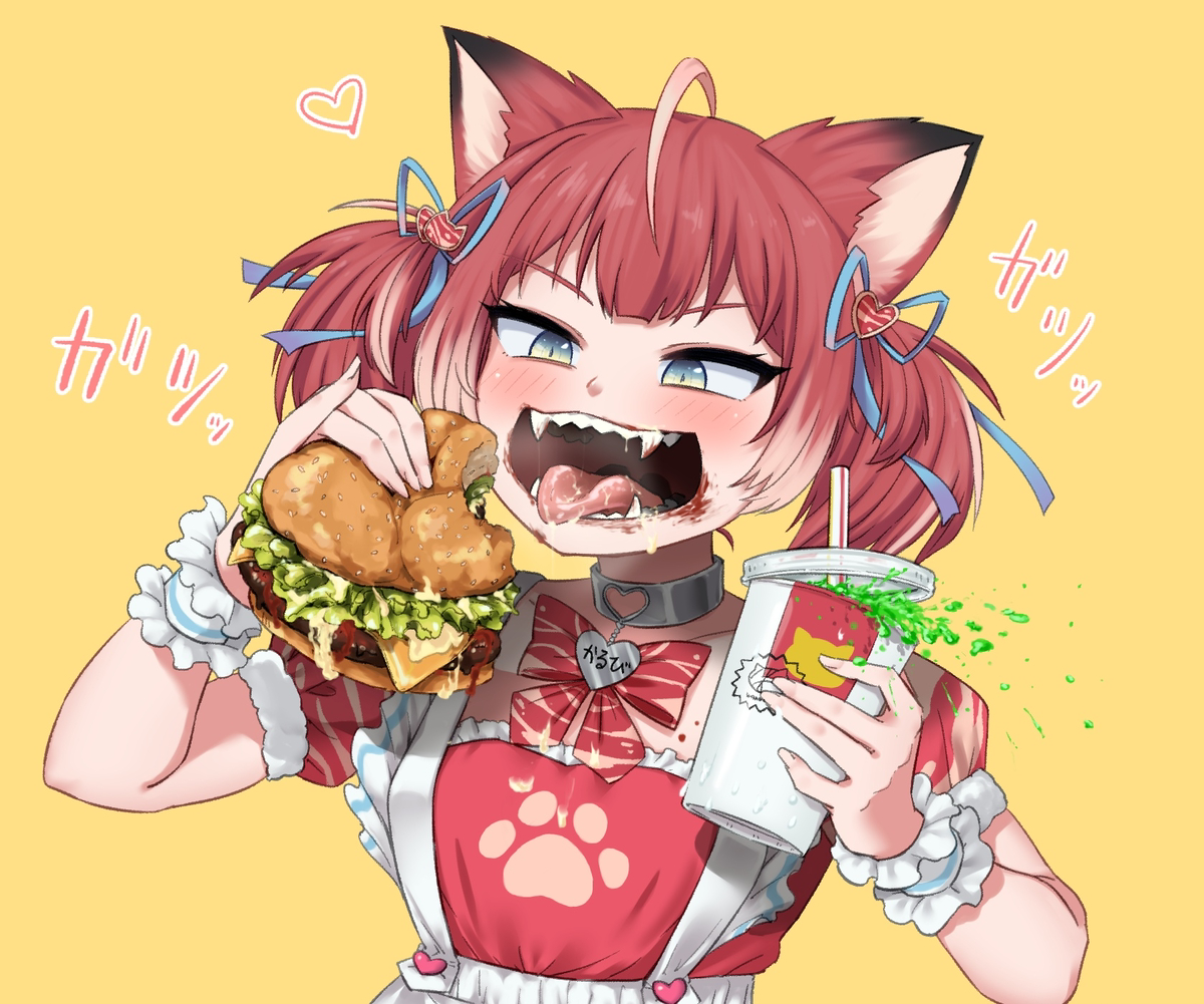 This is a pixiv picture whose title is [リクエスト] ハンバーガーを豪快に食べる赤見かるび.