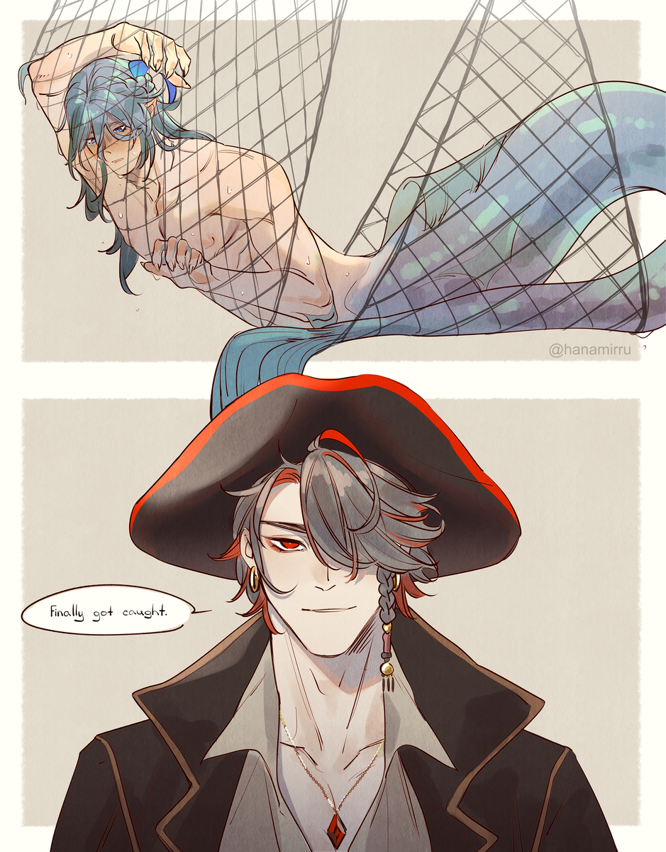 This is a pixiv picture whose title is mermaid 💧🏛️ and pirate ♦️🌱.