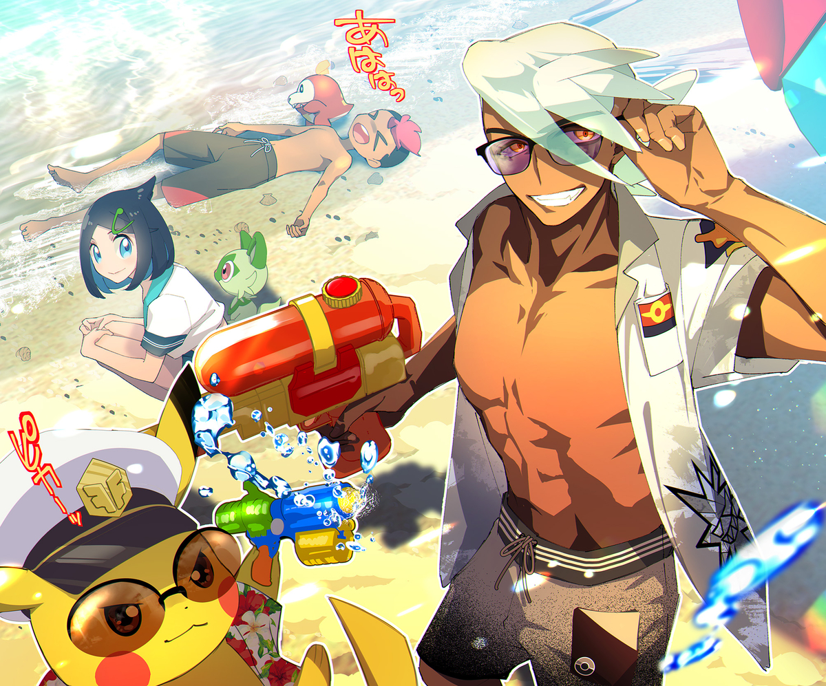 This is a pixiv picture whose title is フリード博士とキャップと海水浴.
