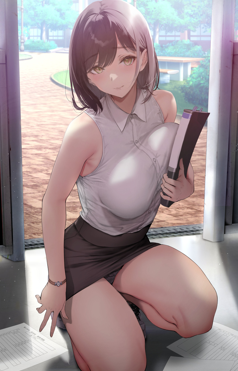 This is a pixiv picture whose title is 落としたプリントを拾うのを気になる男子が手伝ってくれたので、他～.