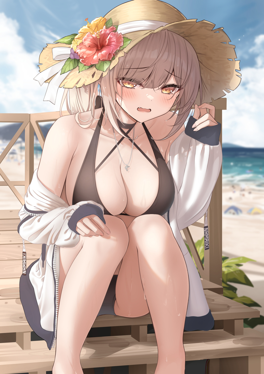This is a pixiv picture whose title is 「みんなに見られてる気がする、もしかしてわたしの格好…変？」.