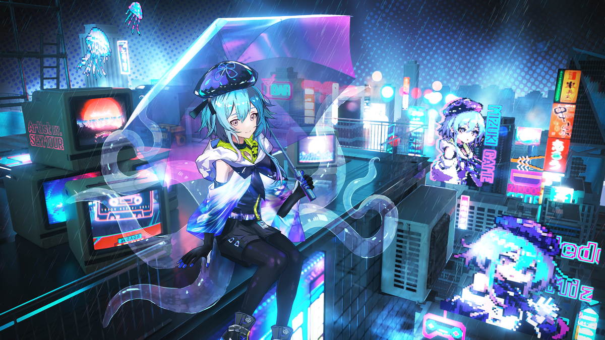 This is a pixiv picture whose title is 【手书的图】水月· Blue island.