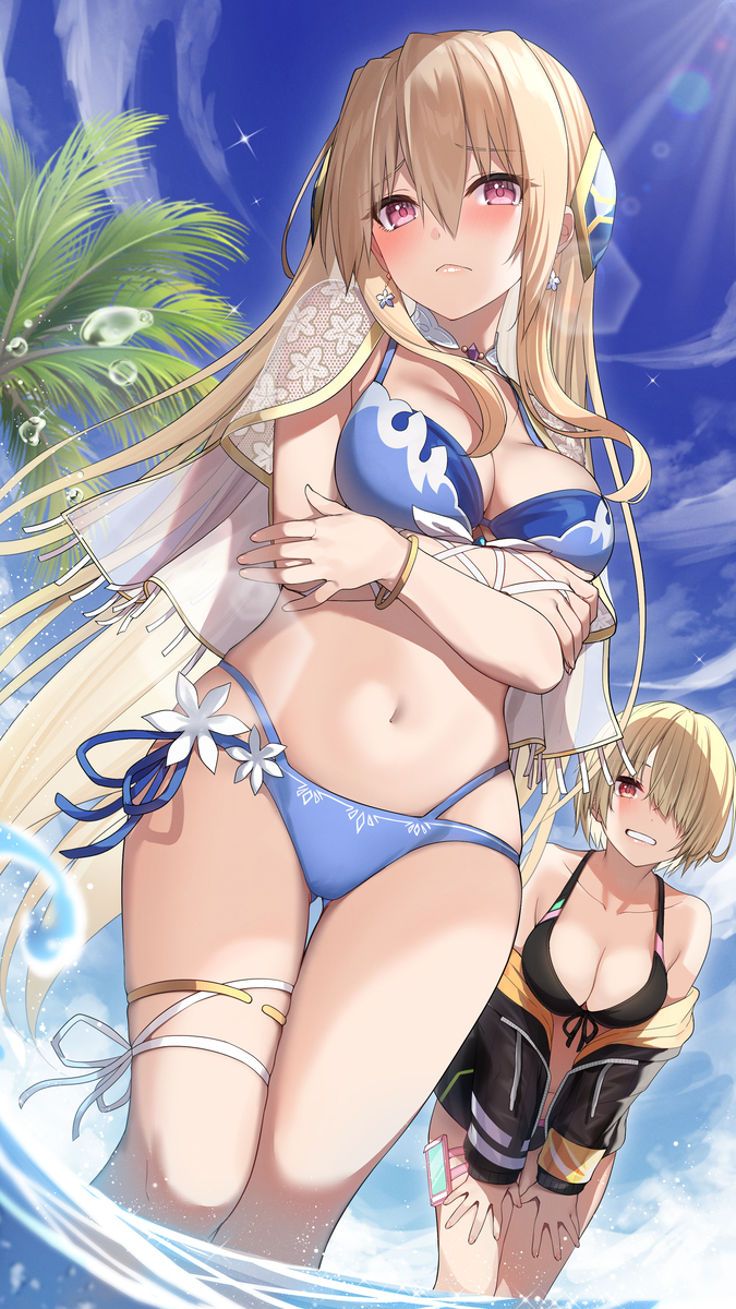 This is a pixiv picture whose title is 水着なユイナパイセンと茅森.