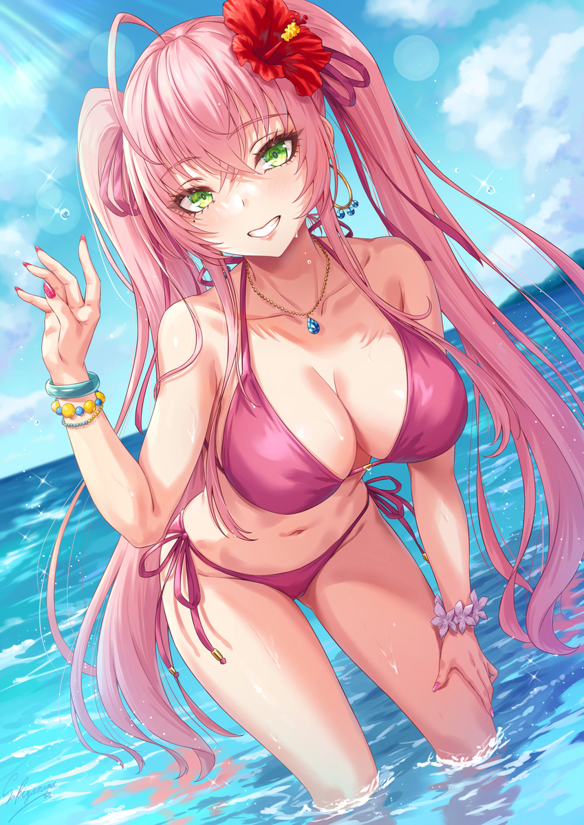 This is a pixiv picture whose title is 水着ピンクツインテールお姉さん👙.