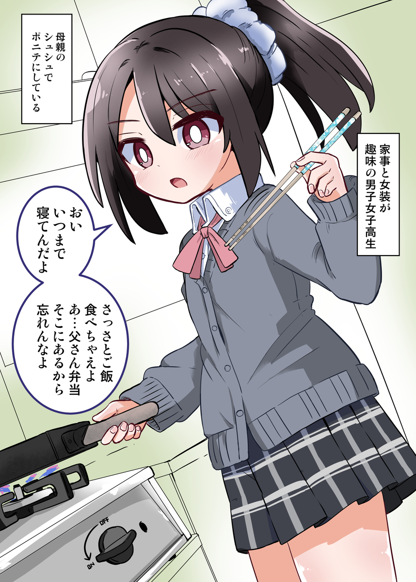 This is a pixiv picture whose title is 家事と女装が趣味の男子女子高生.
