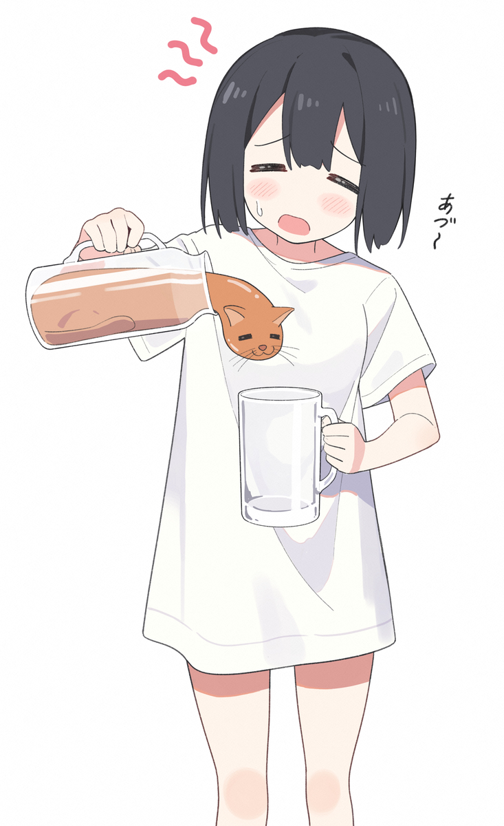 This is a pixiv picture whose title is 麦茶と間違えて猫を注ぐ女の子.