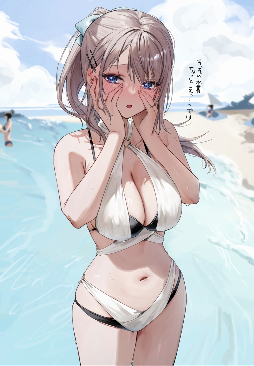 This is a pixiv picture whose title is 俺の水着を見る方が恥ずかしいらしい.