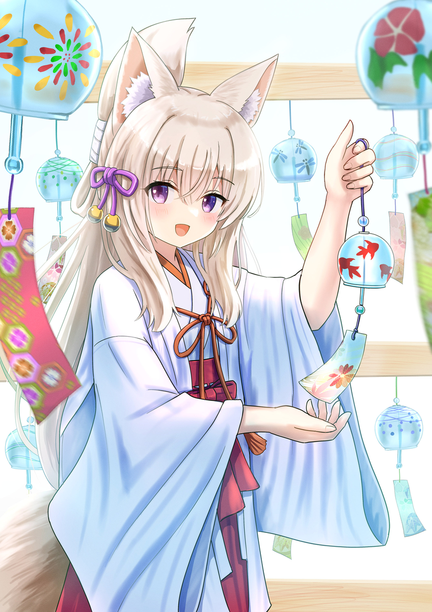 This is a pixiv picture whose title is 巫女狐娘と風鈴.