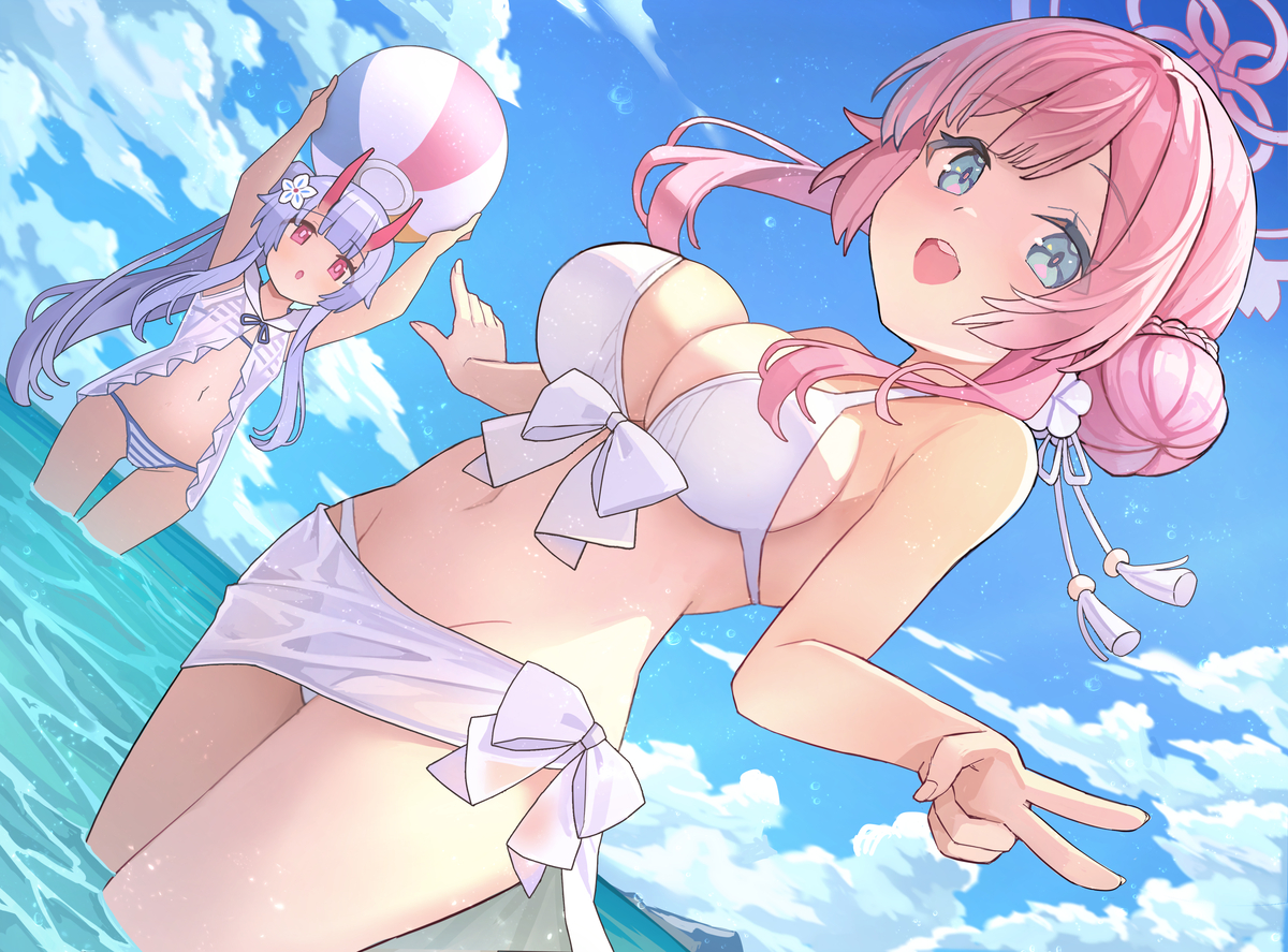 This is a pixiv picture whose title is 夏の終わりの水着ミモリ＆チセ.