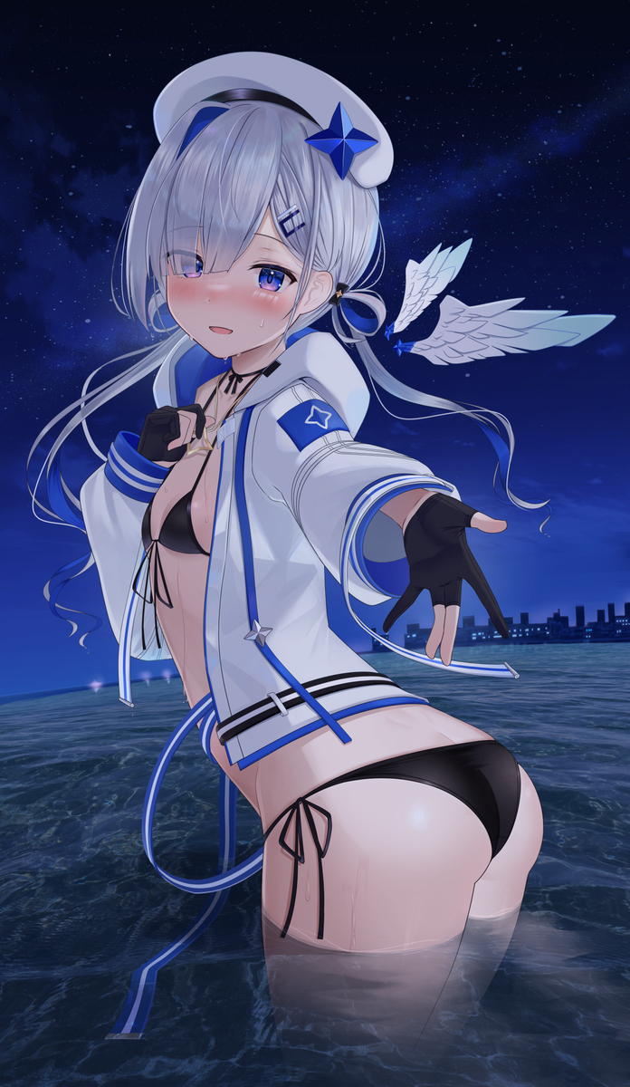 This is a pixiv picture whose title is かなたんと夜の海.