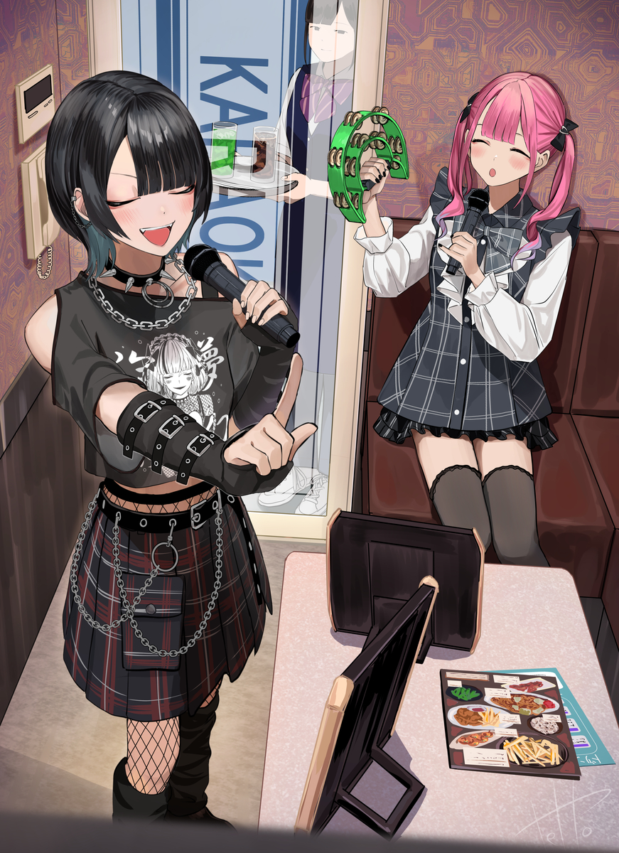 This is a pixiv picture whose title is 最初にドリンクくるの忘れてめっちゃオタクな曲を熱唱する二人.