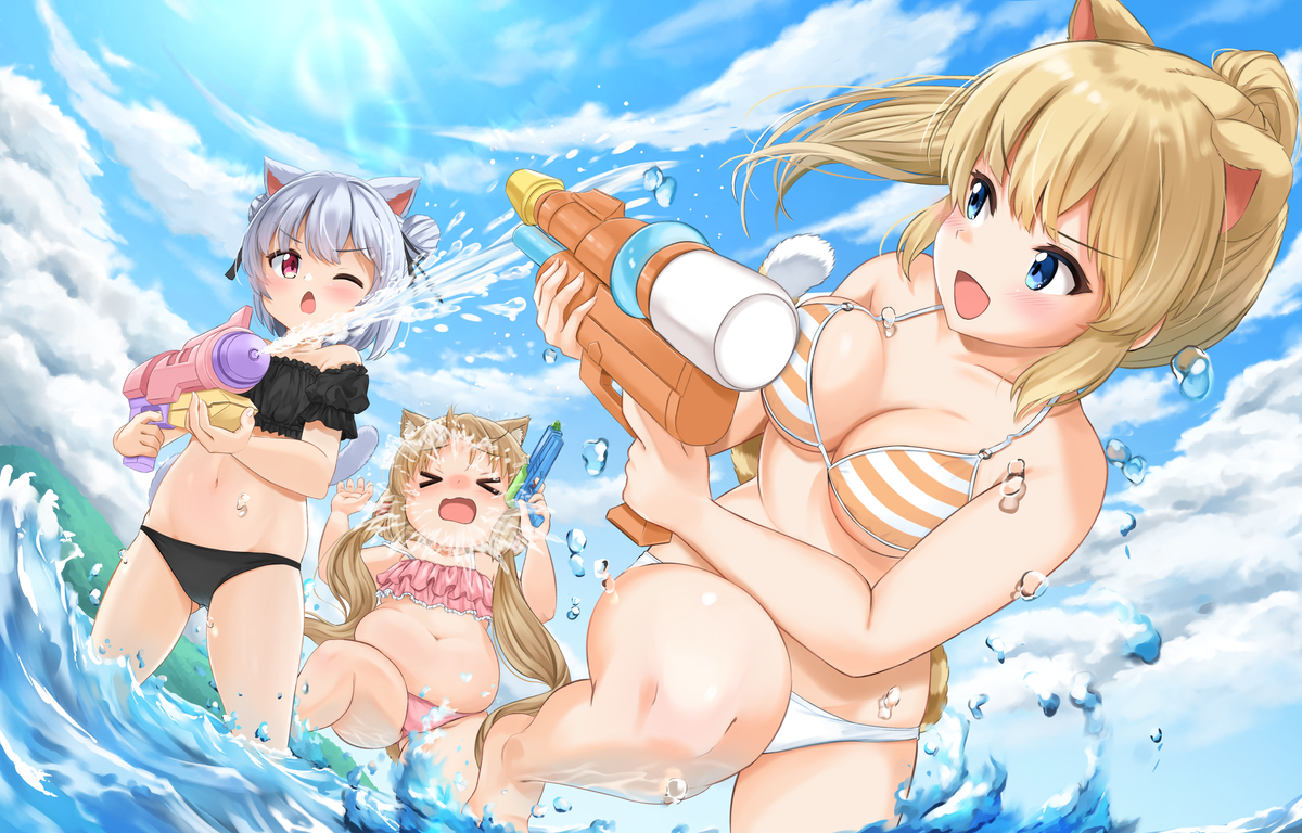 This is a pixiv picture whose title is 海だ！水着だ！ウォータースプラッシュにゃんにゃんロリだ！！！🐈💕.