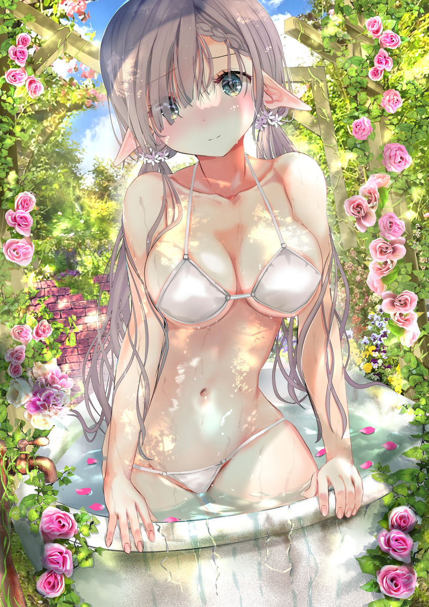 This is a pixiv picture whose title is 旧文明の「ばすたぶ」で水浴びをするエルフさん　白ビキニver.