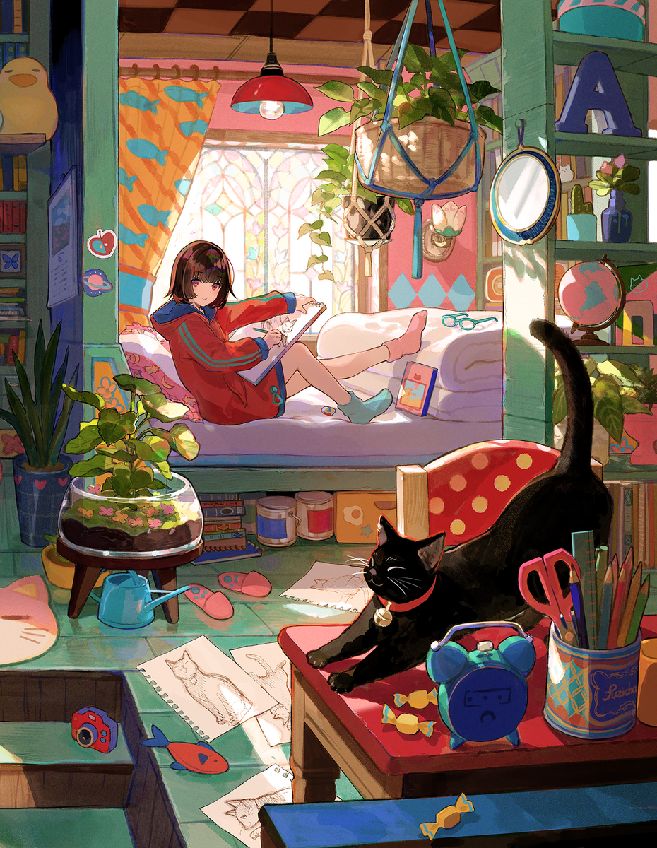 This is a pixiv picture whose title is 猫とスケッチ.