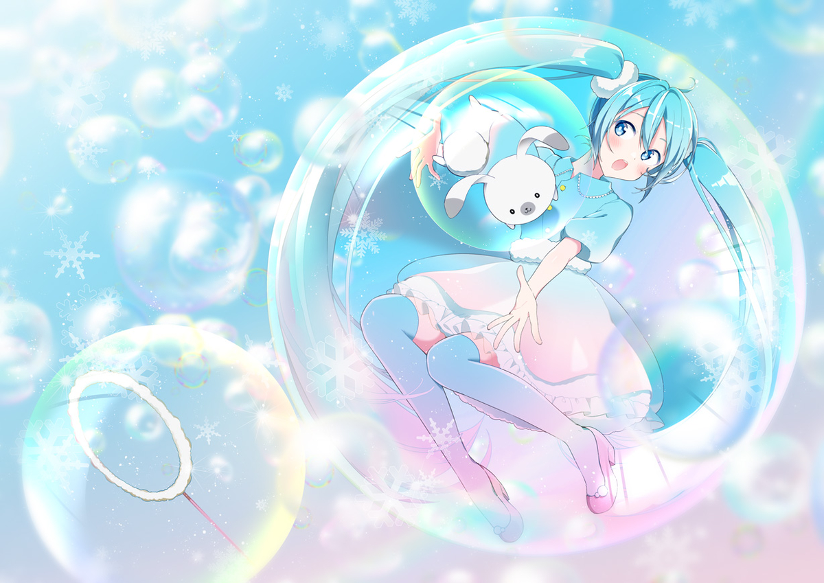 This is a pixiv picture whose title is シャボン玉×雪ミク.