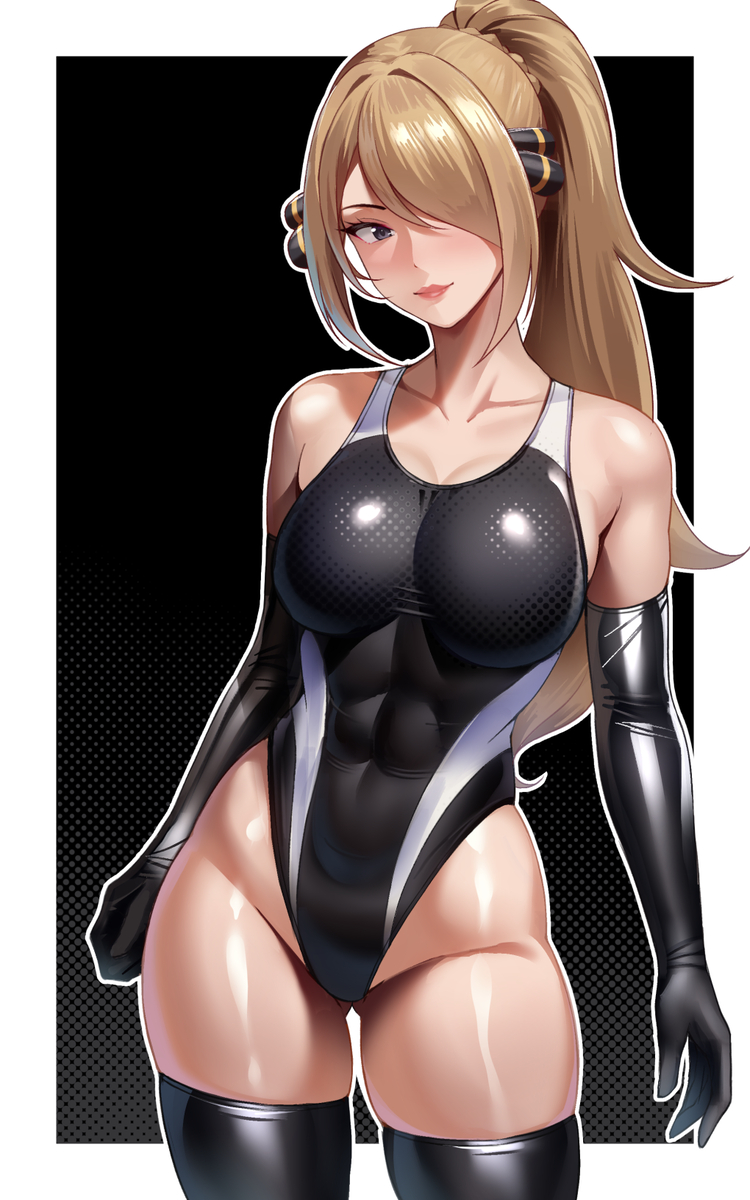 This is a pixiv picture whose title is 競泳水着でニーソなシロナさん.
