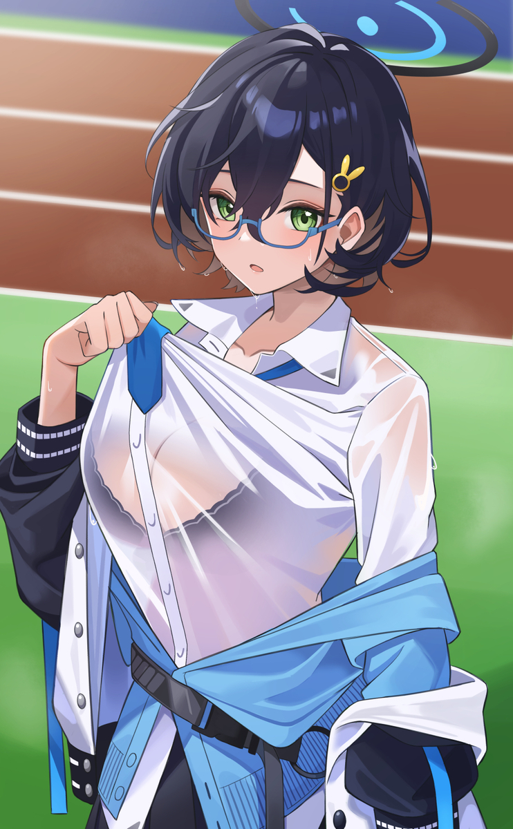 This is a pixiv picture whose title is 「汗やば… ん？先生、どうしたの？」.