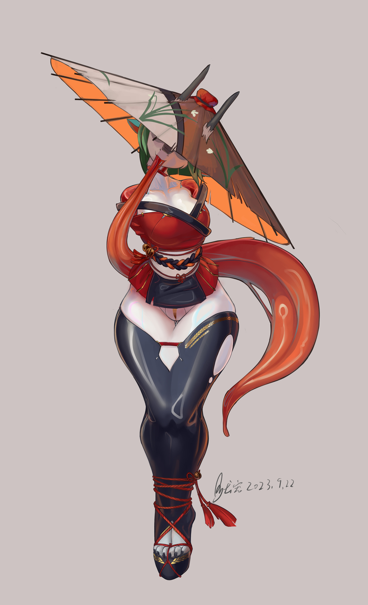 This is a pixiv picture whose title is 乳胶伞妖拘束服.