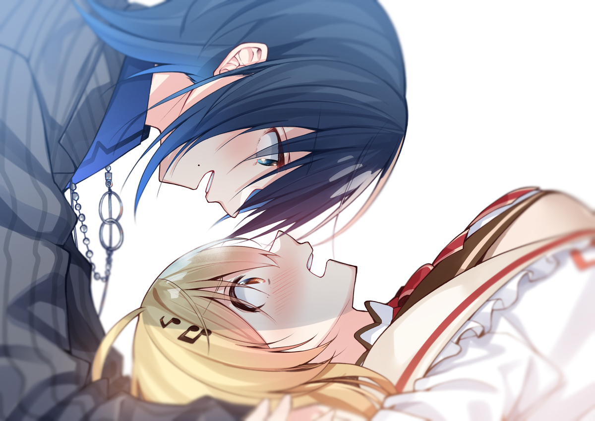 This is a pixiv picture whose title is 「顔が近いね」「やめろ!」.