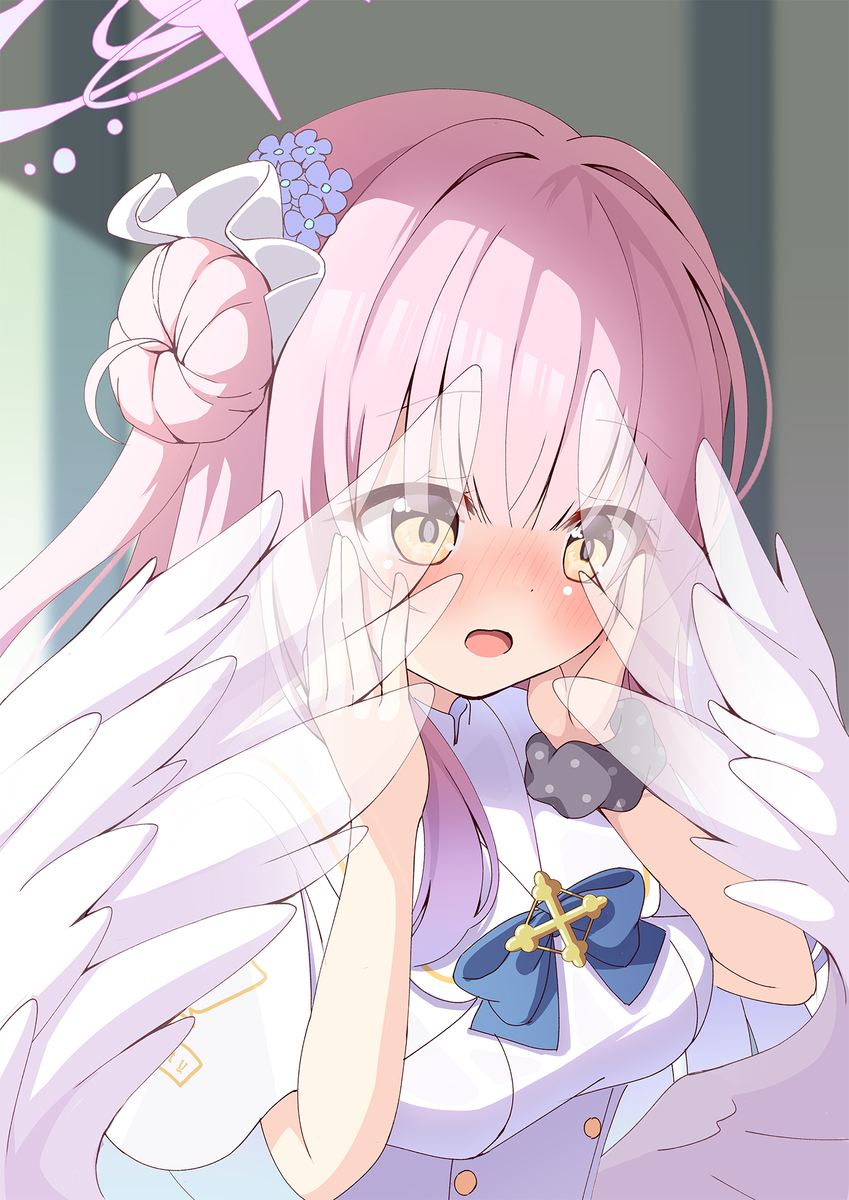 This is a pixiv picture whose title is 恥ずかしさが一定ライン超えると羽根で顔を隠すミカ.