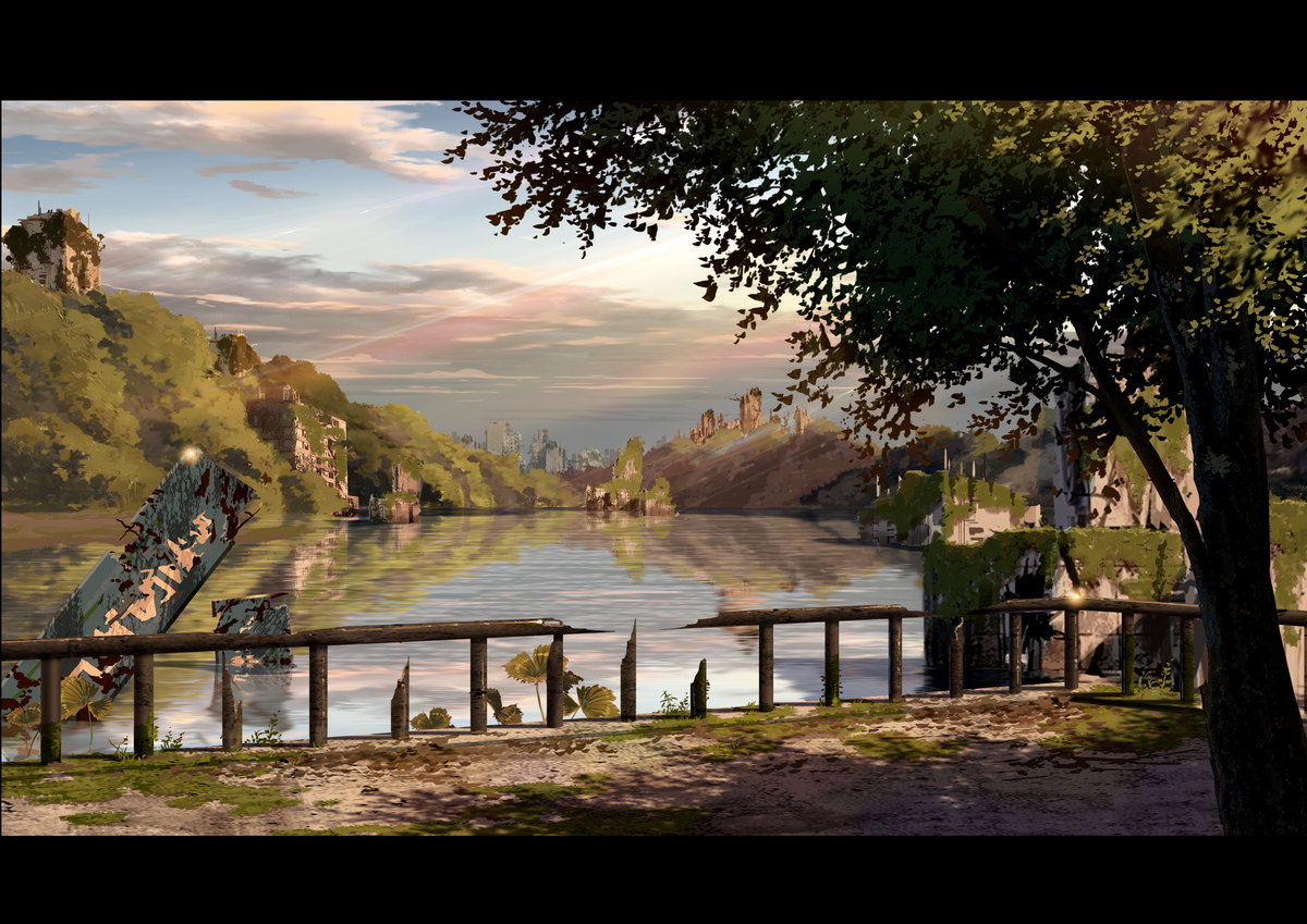 This is a pixiv picture whose title is 水没した廃墟群.