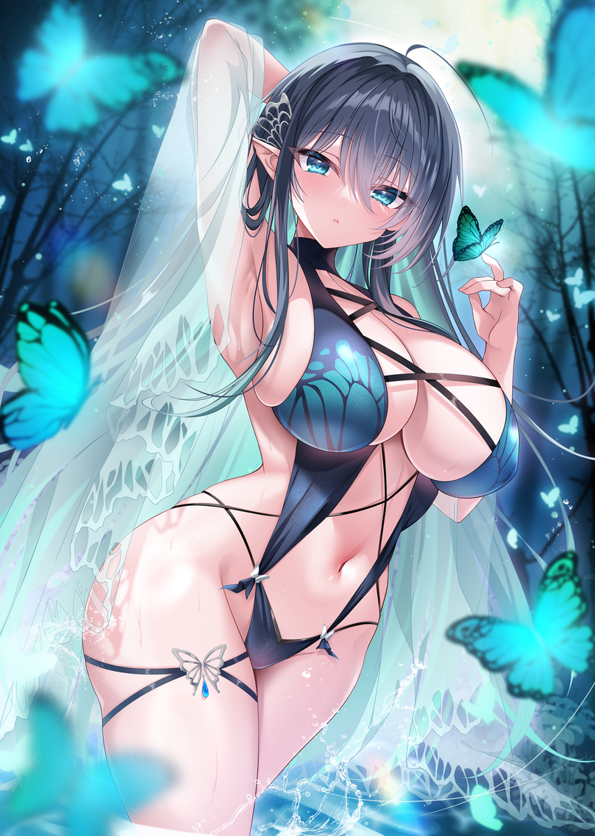 This is a pixiv picture whose title is 蝶と戯れエルフ🦋.