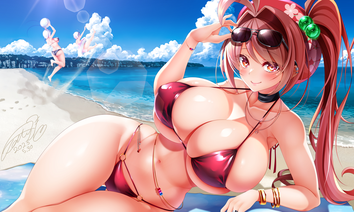 This is a pixiv picture whose title is 魅惑の爆乳水着お姉さん.