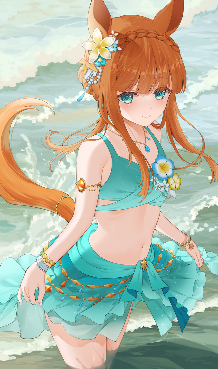 This is a pixiv picture whose title is 波打ち際のスズカさん.