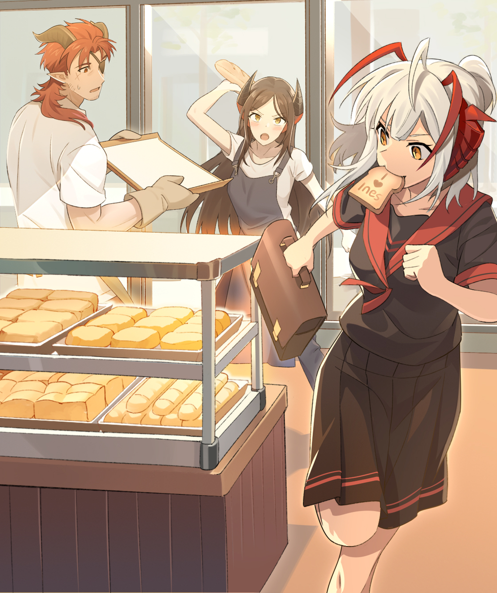 This is a pixiv picture whose title is 佣兵面包店的一天.
