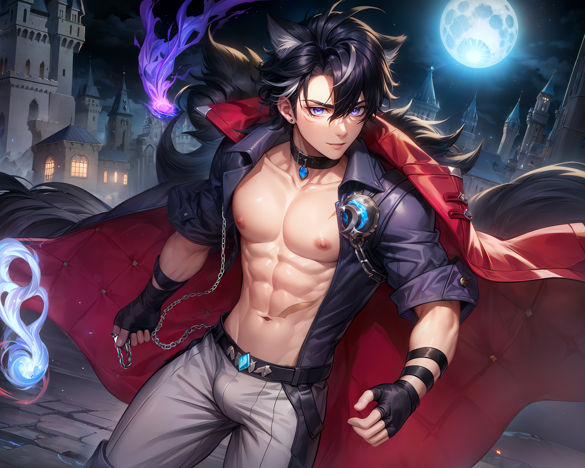 This is a pixiv picture whose title is 午夜的枭狼.Moonlit Cerberus🐺.