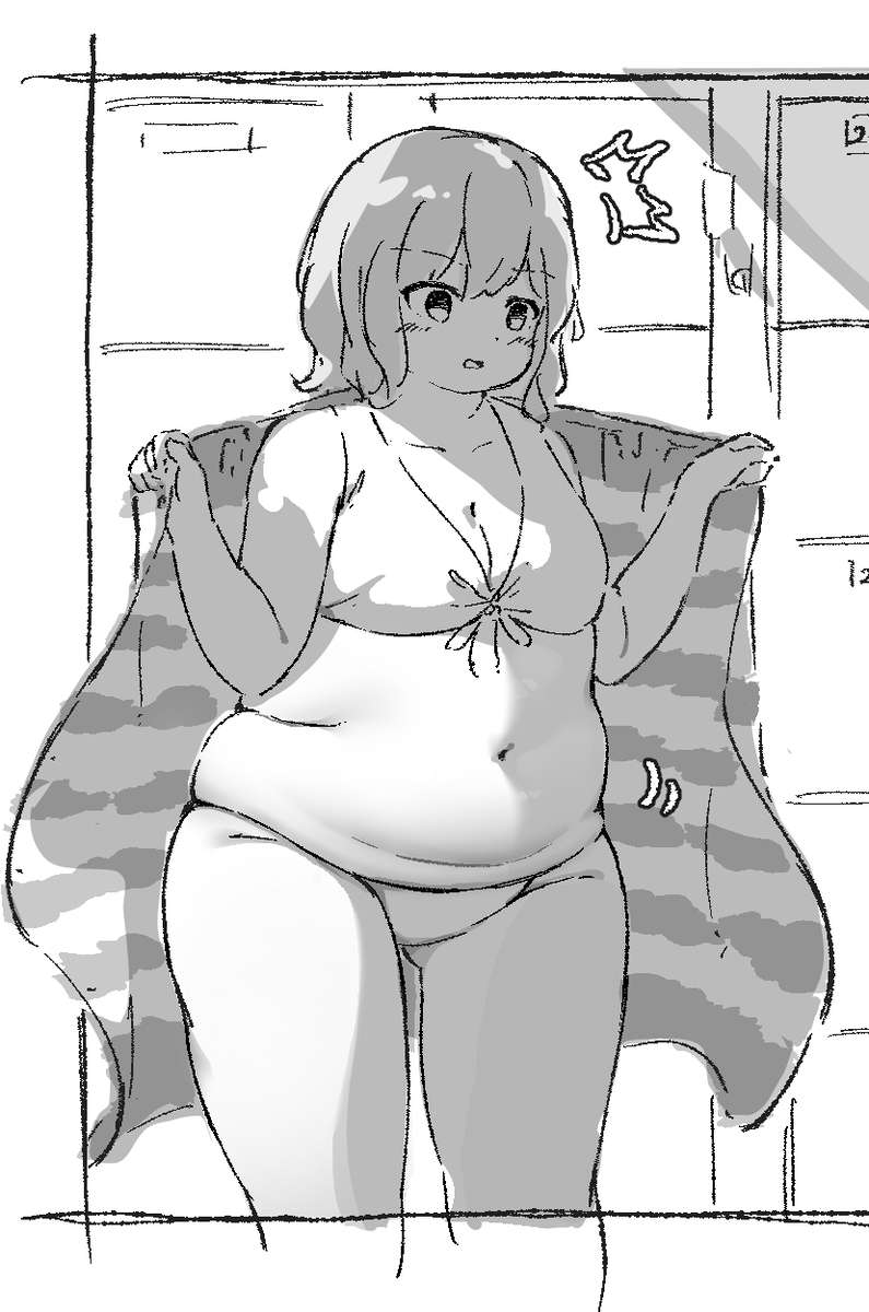 This is a pixiv picture whose title is 体型のちがいに愕然とするぽっちゃり女子.