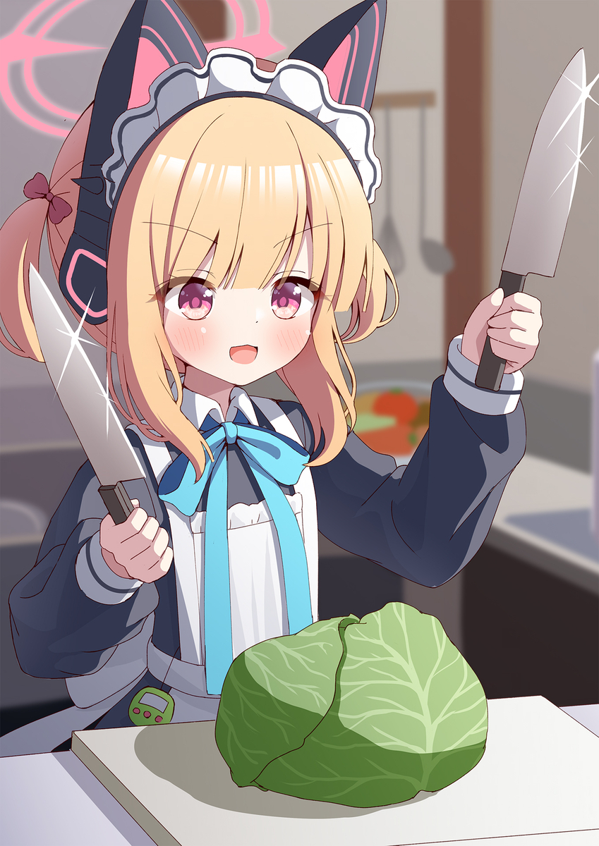 This is a pixiv picture whose title is メイド服を着せれば包丁持ってても違和感ない説.