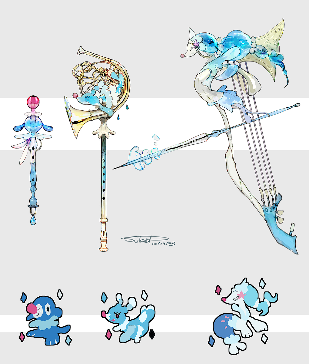 This is a pixiv picture whose title is アシマリ・オシャマリ・アシレーヌモチーフの武器（ポケモン）.