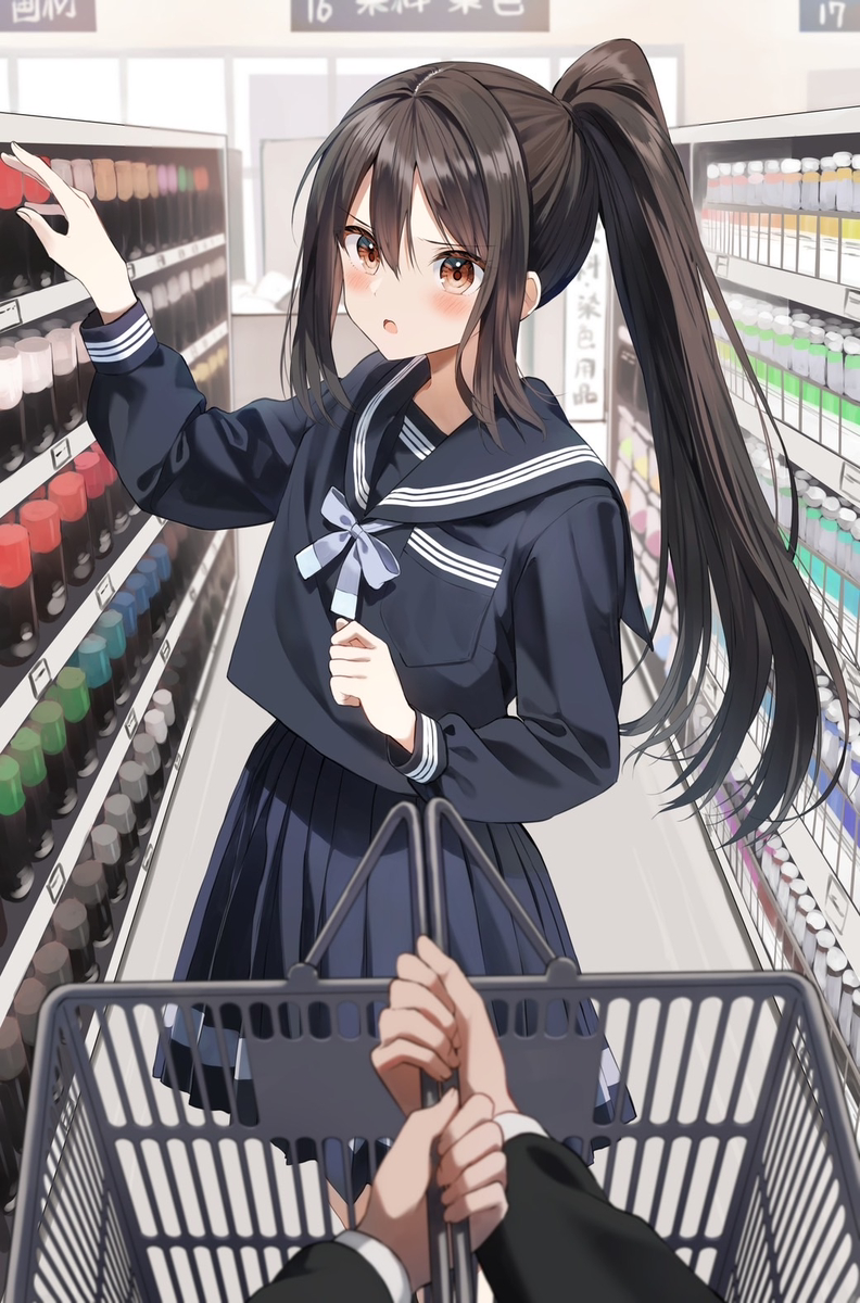 This is a pixiv picture whose title is 「なんであんたと学園祭の買い出し…テキパキ終わらせましょ」.