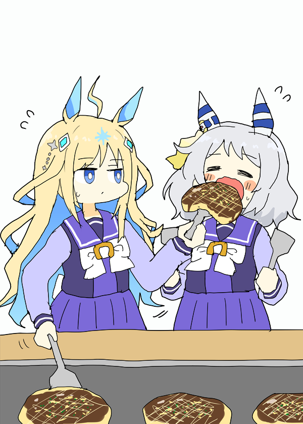 This is a pixiv picture whose title is ミラ子にお好み焼き食べさせるネオユニちゃん.