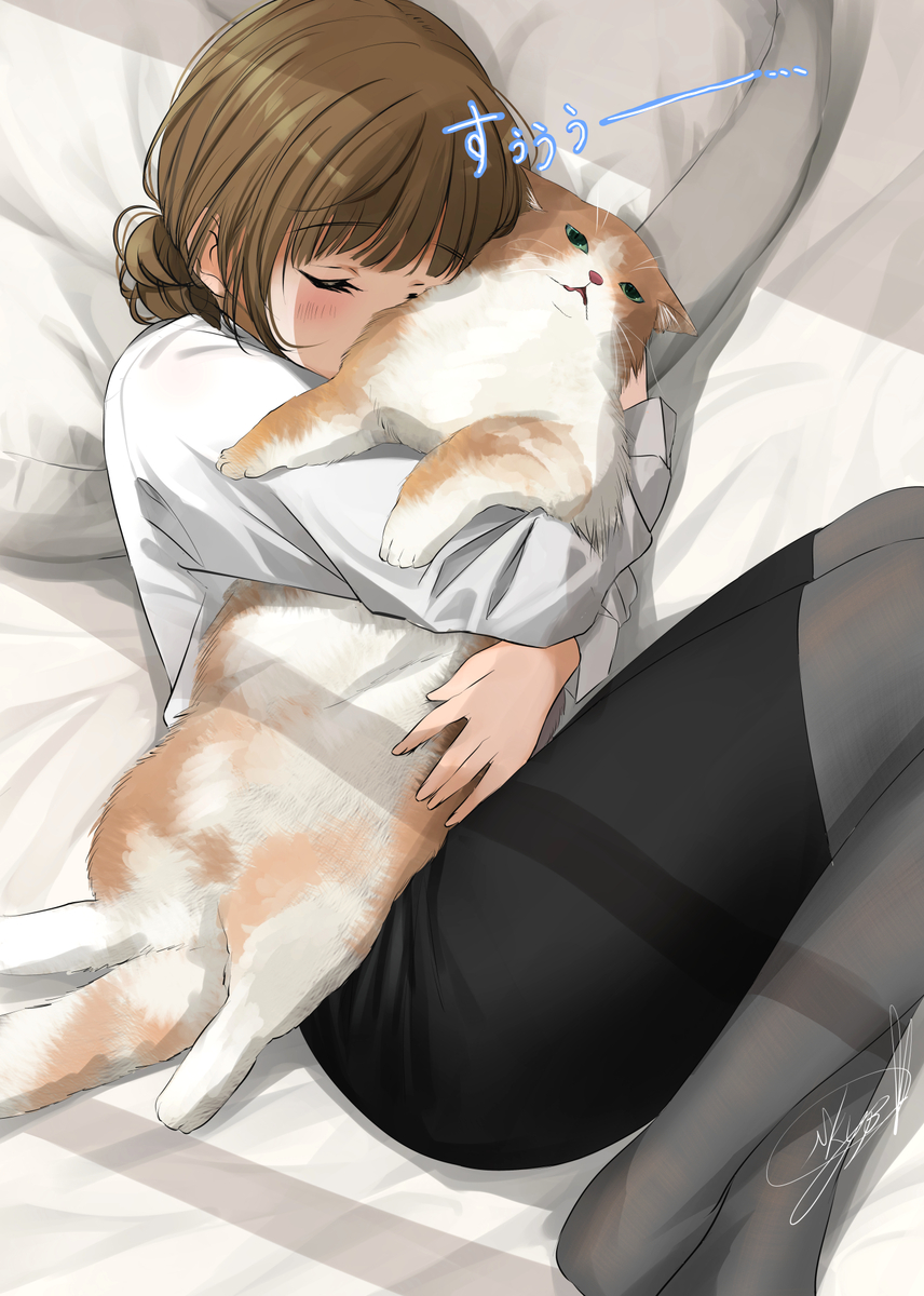 This is a pixiv picture whose title is 猫吸い.