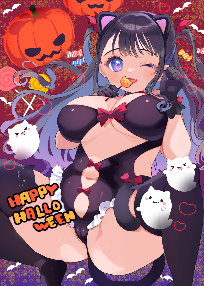 This is a pixiv picture whose title is ぽちゃねこちゃんハロウィンとlog.