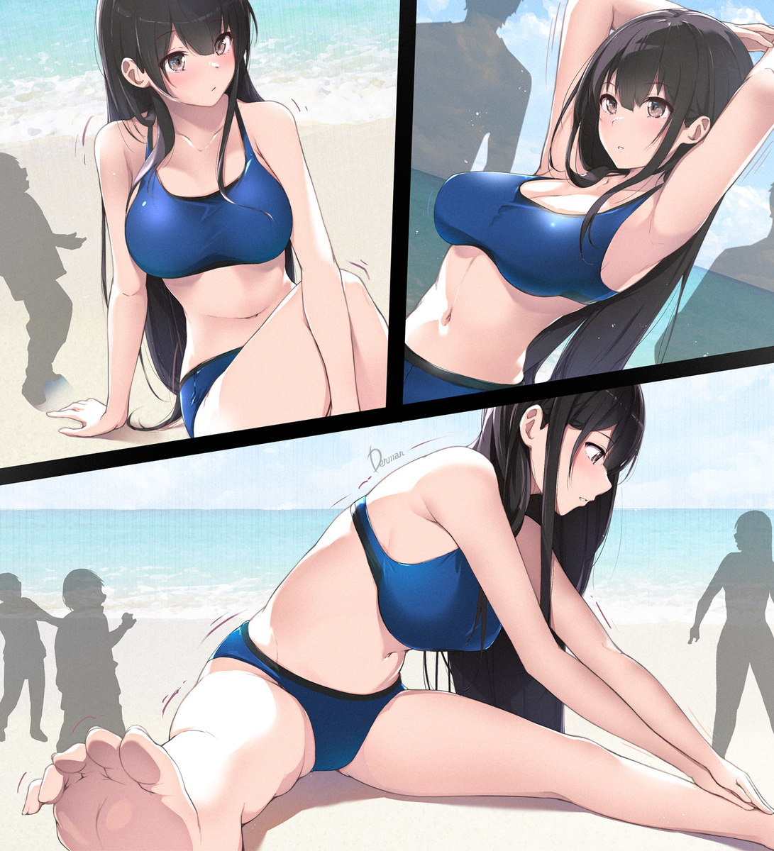 This is a pixiv picture whose title is ストレッチで体が大きくなる巨乳JK【オリジナル】.