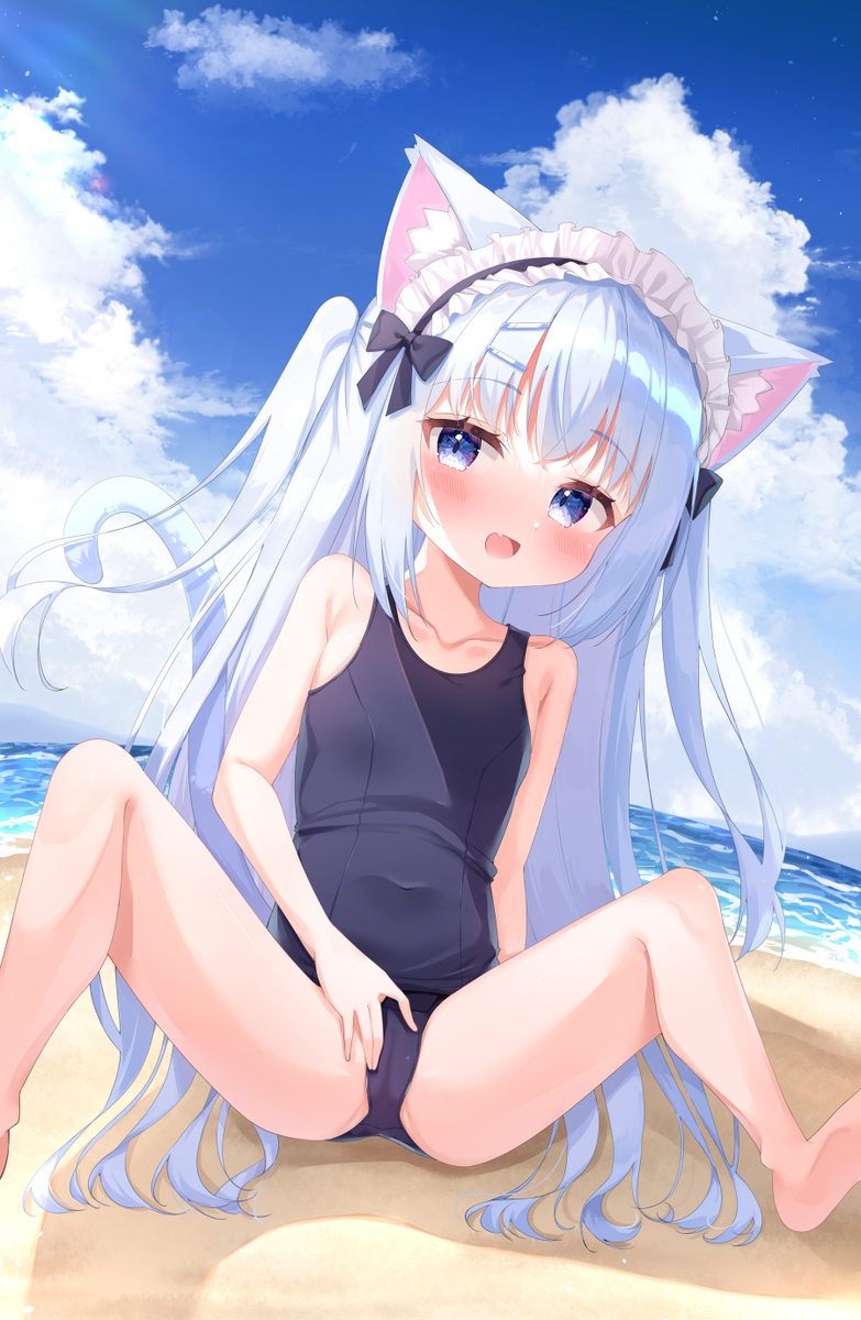 This is a pixiv picture whose title is 猫耳スク水な妹ちゃん.