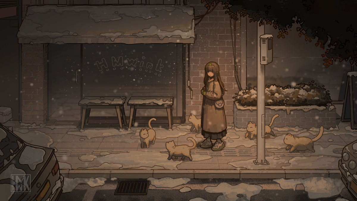 This is a pixiv picture whose title is 云小兮与猫猫队在雪天的相遇.