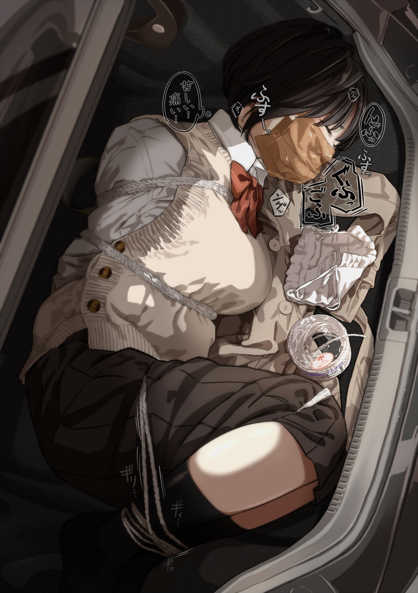 This is a pixiv picture whose title is 拉致されて車のトランクに押し込められた女子校生.